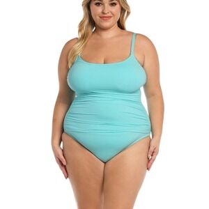 La Blanca Island Goddess Lingerie One Piece‎ Swimsuit Size 16W Ice Blue UPF 50